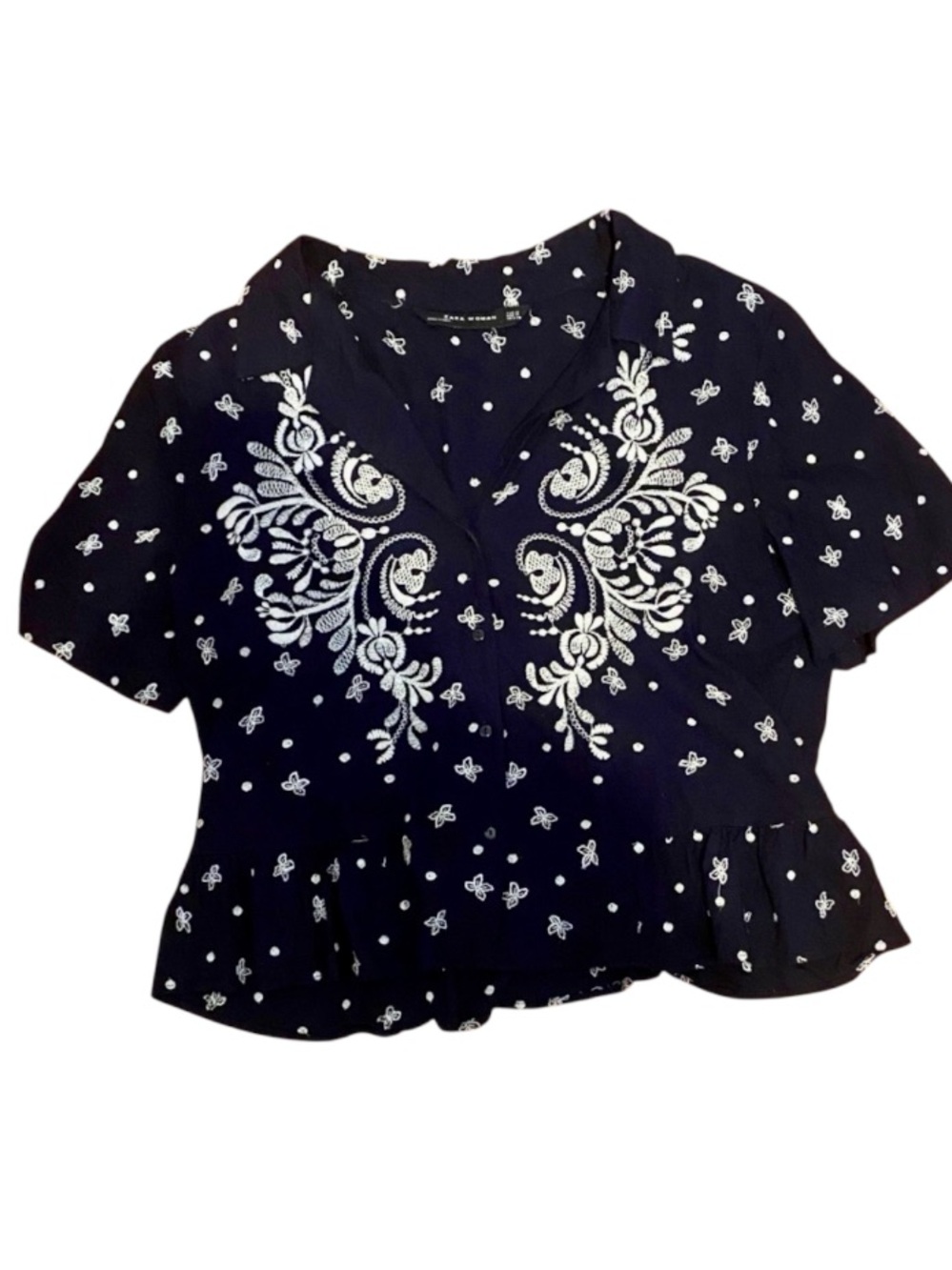 Zara Navy Embroidered Peplum Blouse Button Front Boho Cottagecore Top M